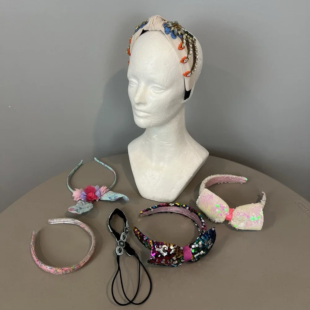 Lot 6 Women's Headbands Bejeweled Sequin Bead Confetti and Fabric Rabbit Ears